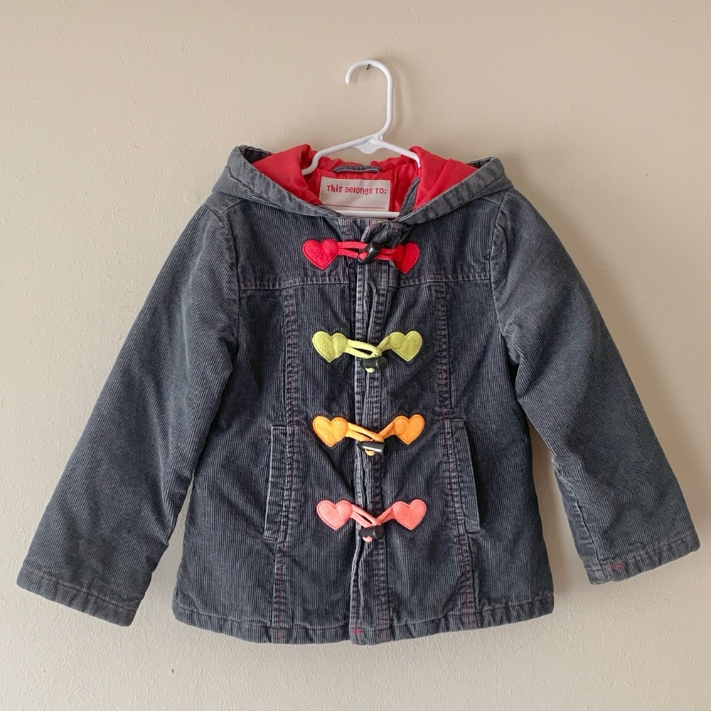 2008 Gymboree Hooded Gray Corduroy Jacket Coat with Toggle Buttons Hearts S 5-6